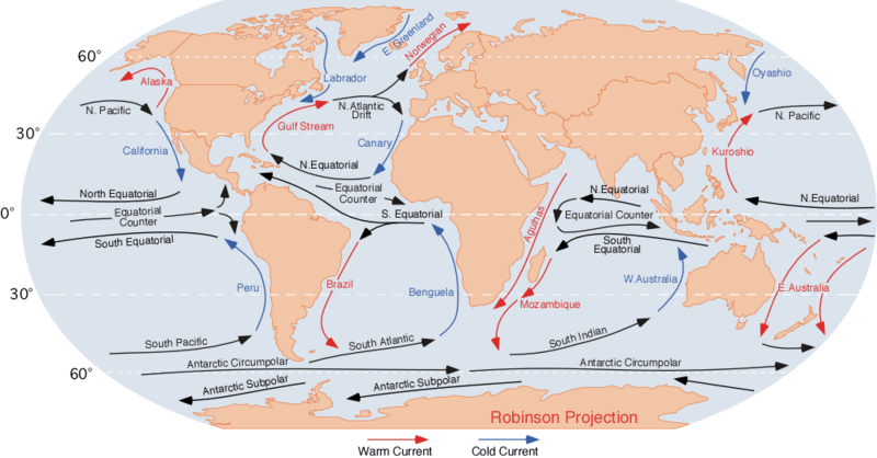 世界の主な海流（暖流は赤、寒流は青